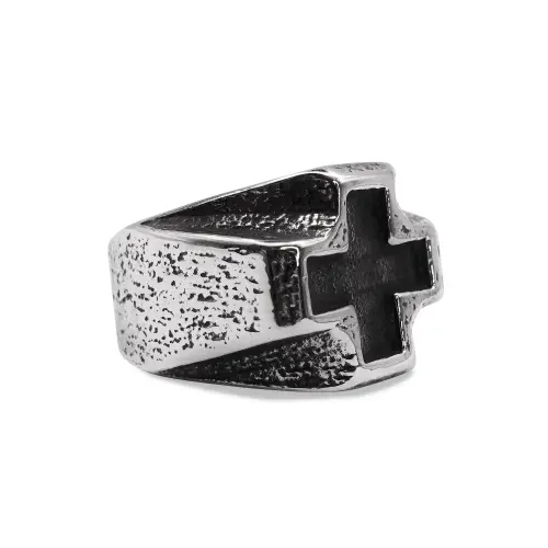 Distressed Steel Signet Ring with Chiselled Black Cross