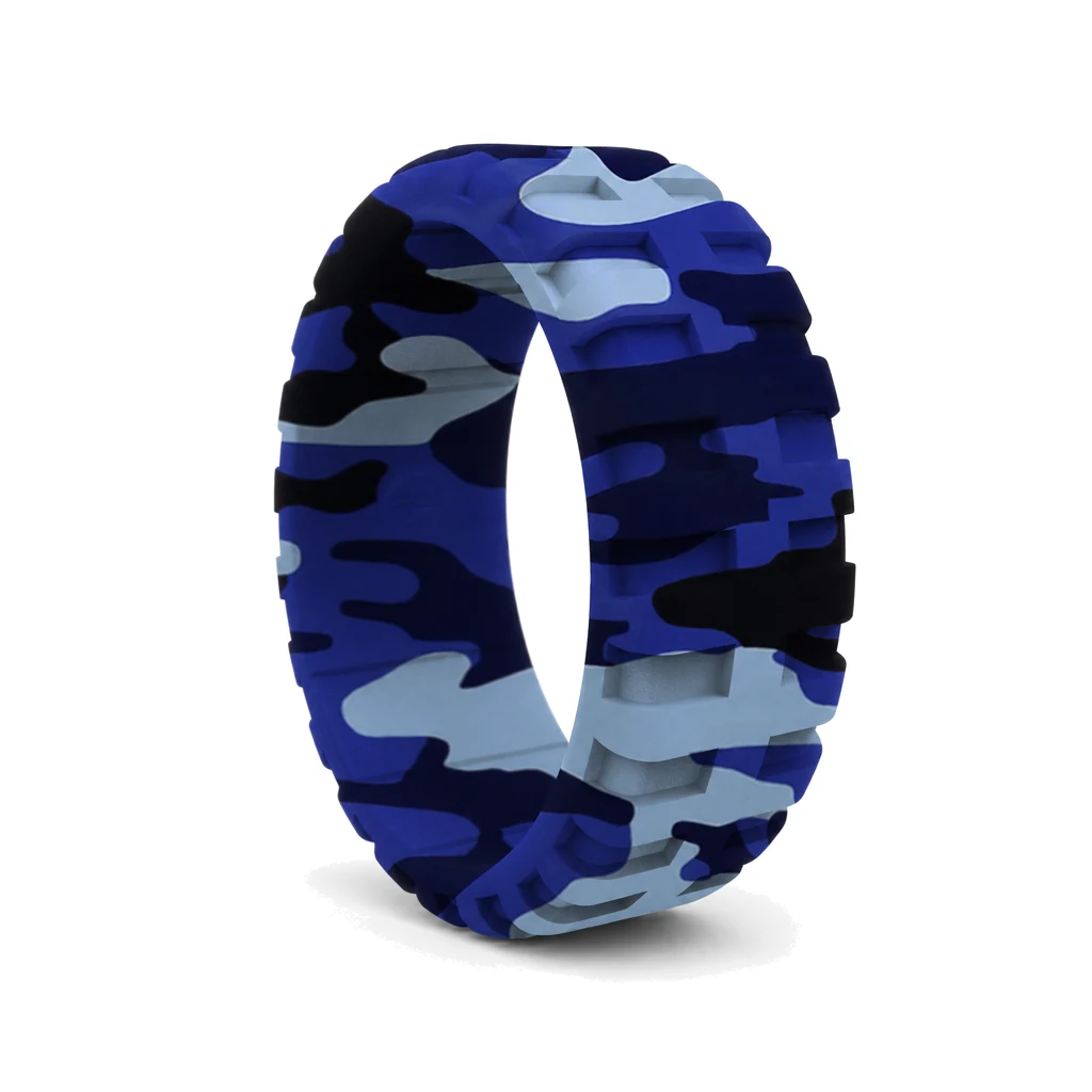 9mm Blue Camo Military Tread Men's Silicone Ring