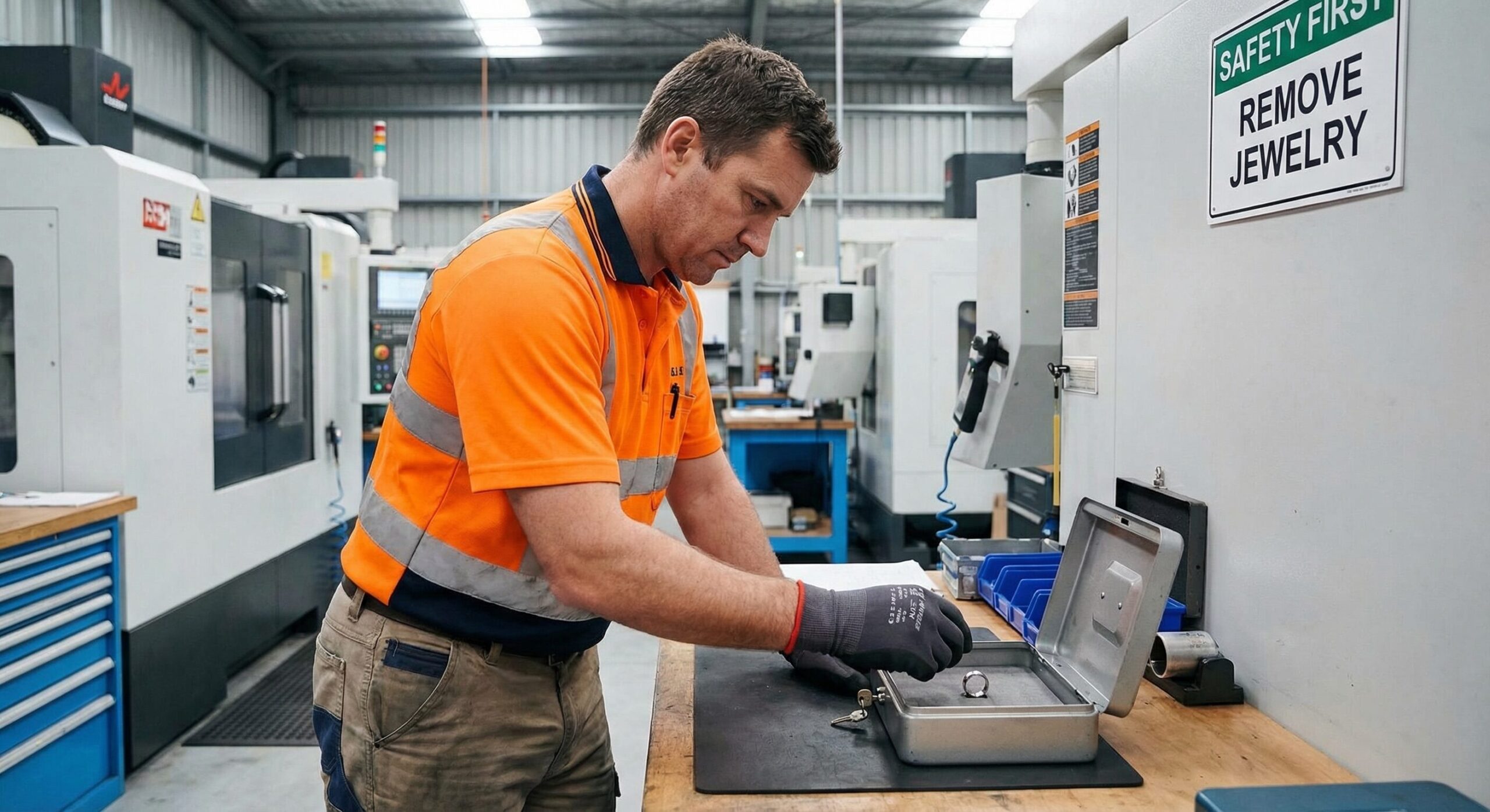 Tradie placing ring in safety tray before machinery