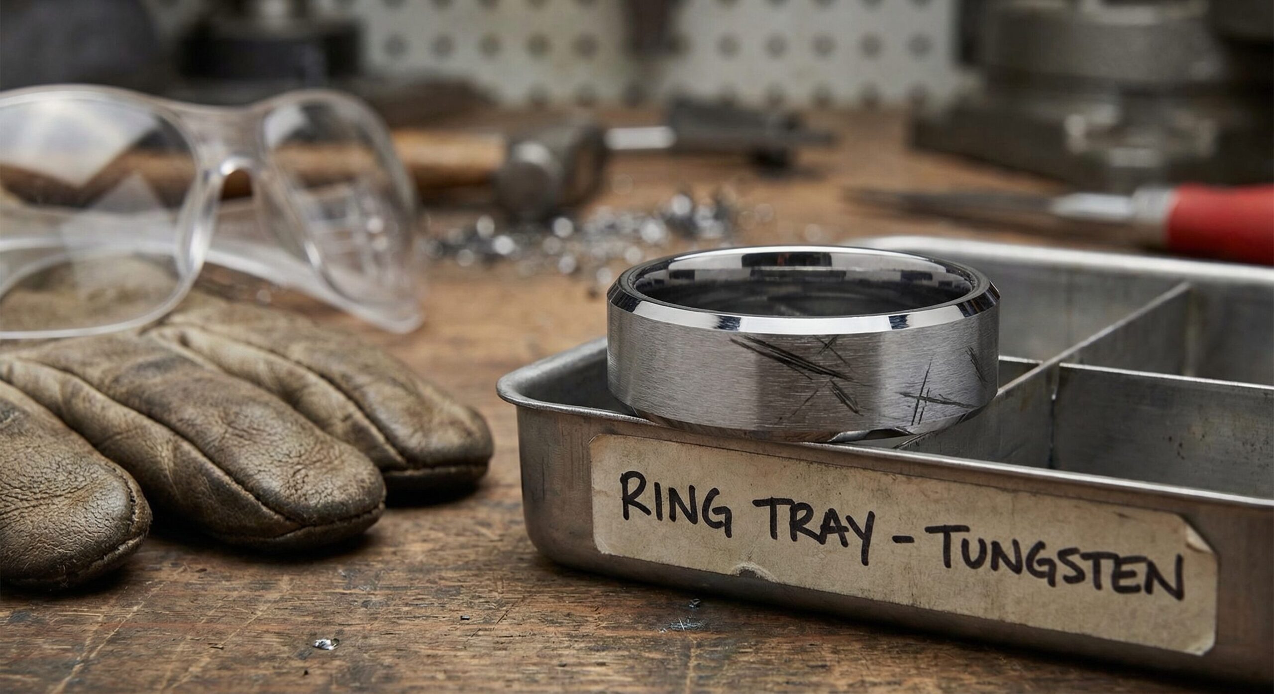 Men's ring in safety tray beside PPE