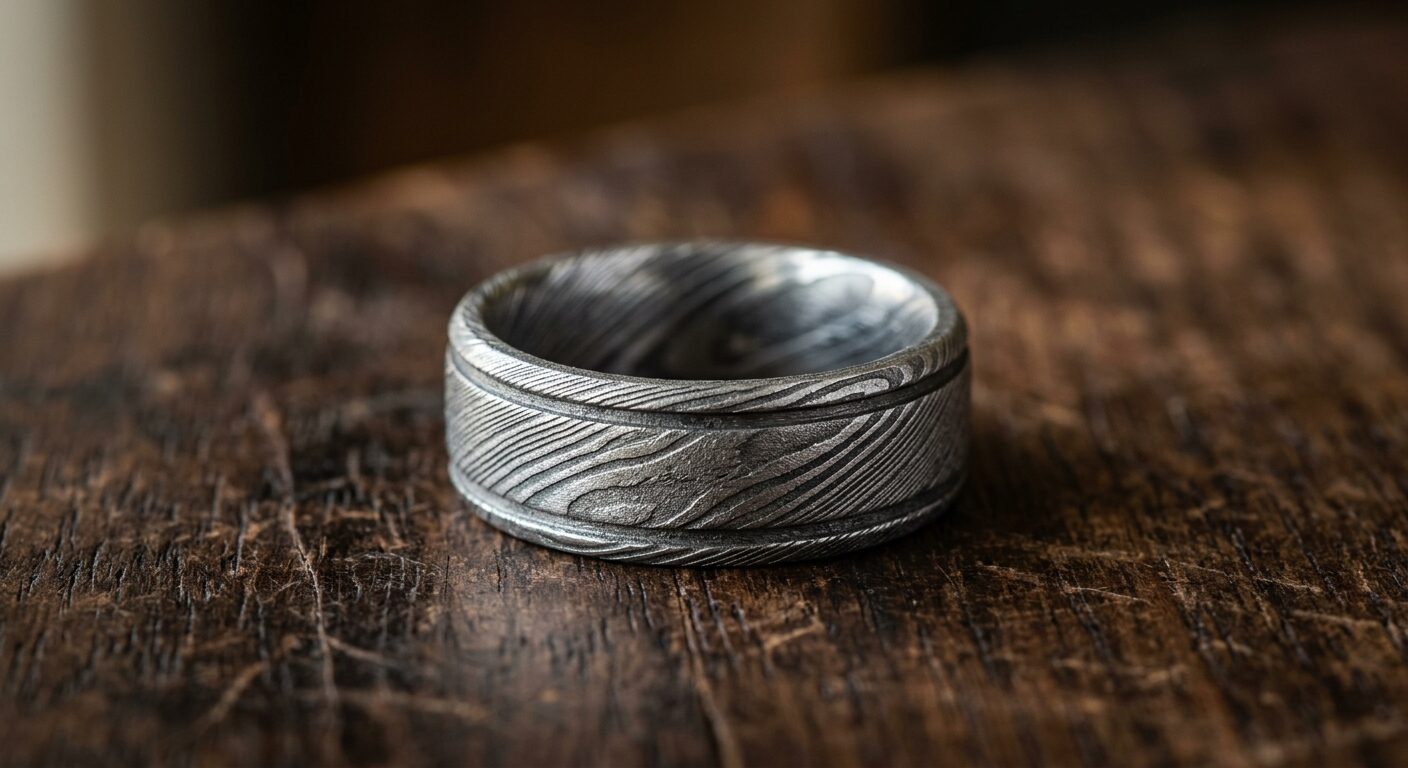 Close-up of a men's Damascus steel wedding ring showing layered steel pattern