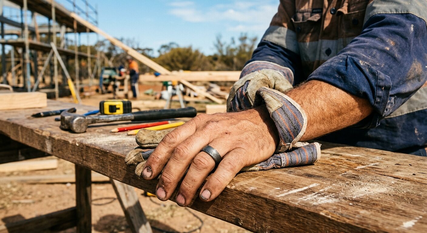 Men's Damascus steel wedding ring worn outdoors on a tradie hand