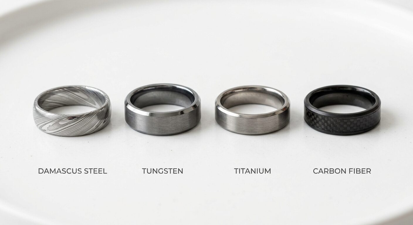 Flat lay comparison of Damascus steel, tungsten, titanium, and carbon fibre men's rings