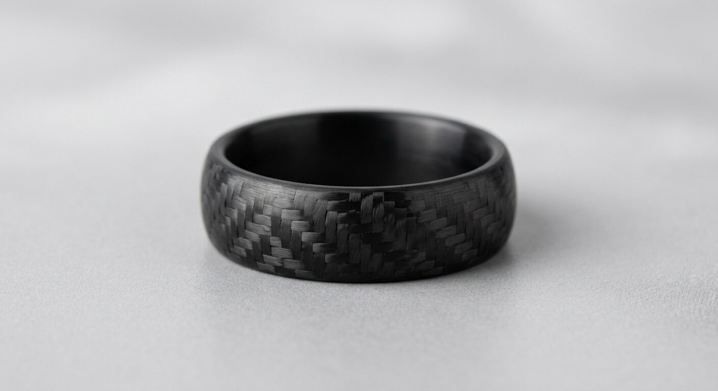 Carbon fibre men's wedding band showing distinctive woven diagonal pattern texture against clean grey background