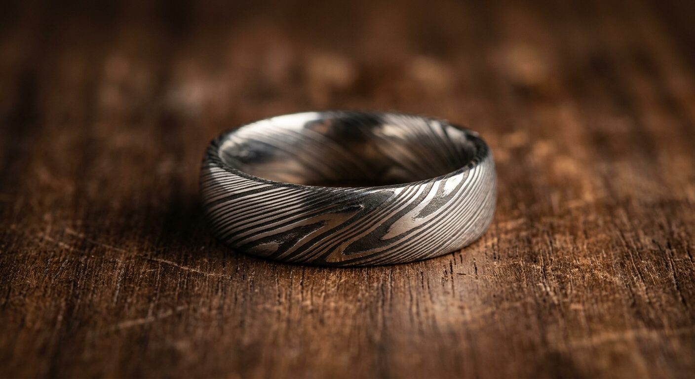 Damascus steel wedding band showing distinctive ripple pattern of folded steel layers