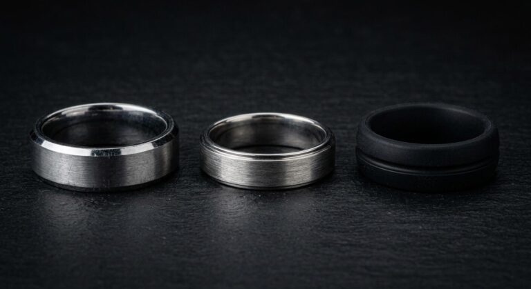 Side-by-side comparison of tungsten, titanium and silicone men's rings on dark background