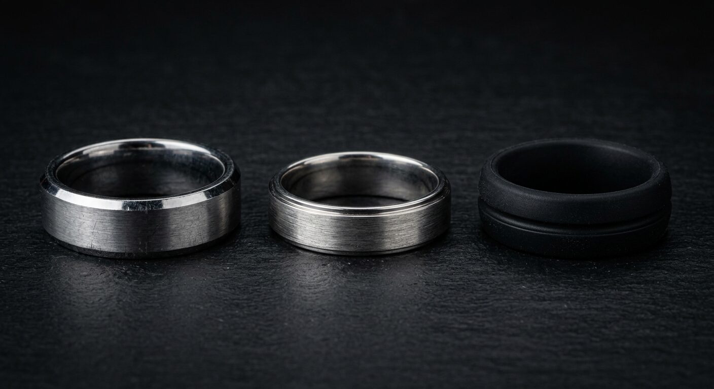 Side-by-side comparison of tungsten, titanium and silicone men's rings on dark background