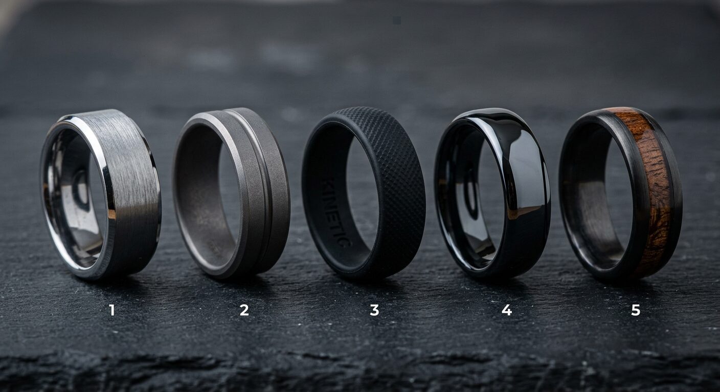 Close-up of different men's ring material textures — tungsten, titanium, silicone, ceramic, wood inlay