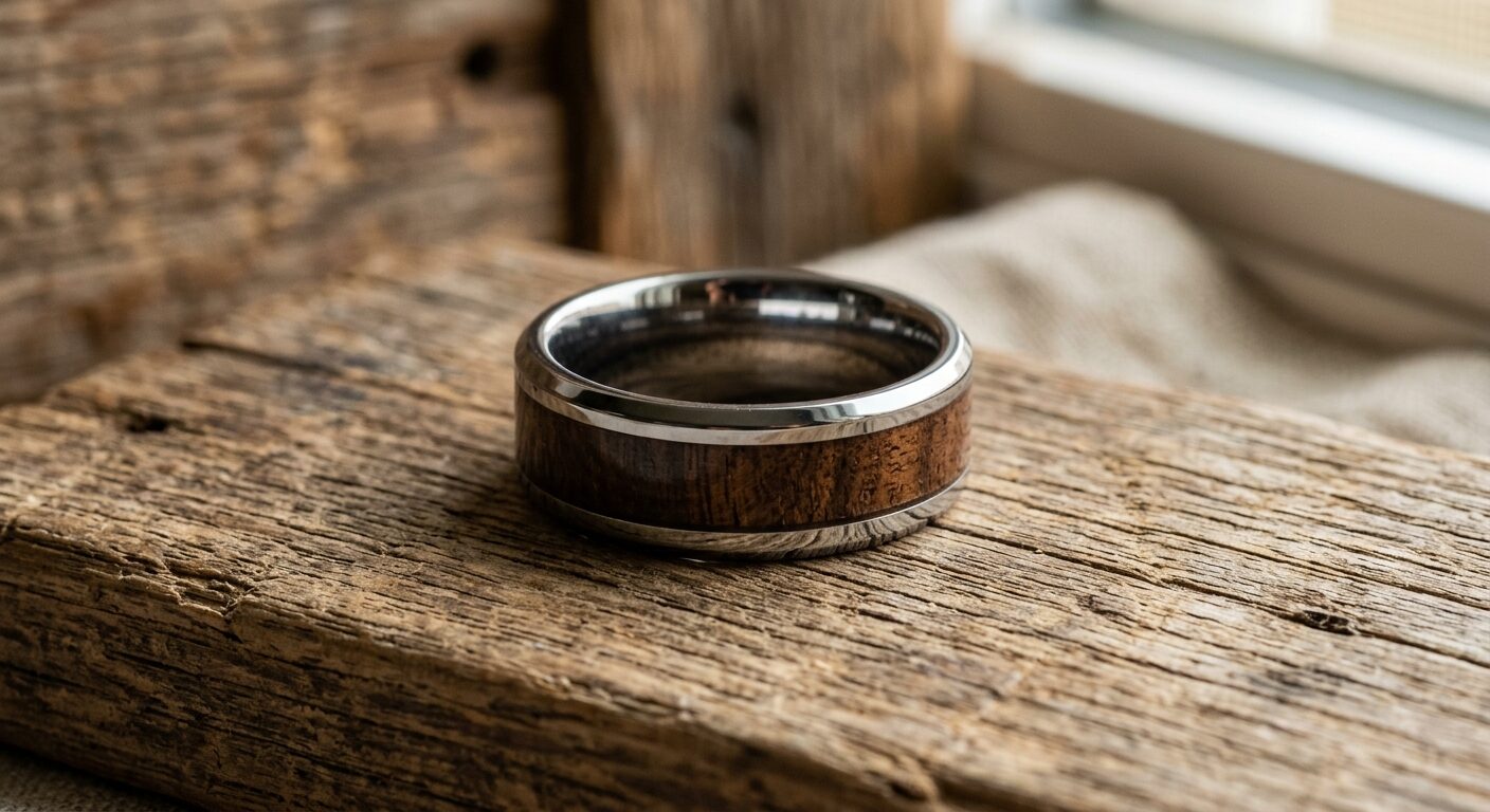 Wood inlay men's wedding band with dark walnut timber set into polished tungsten ring