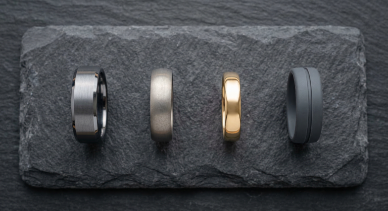 Four men's ring materials compared — tungsten, titanium, gold and silicone rings | Mens Rings Online