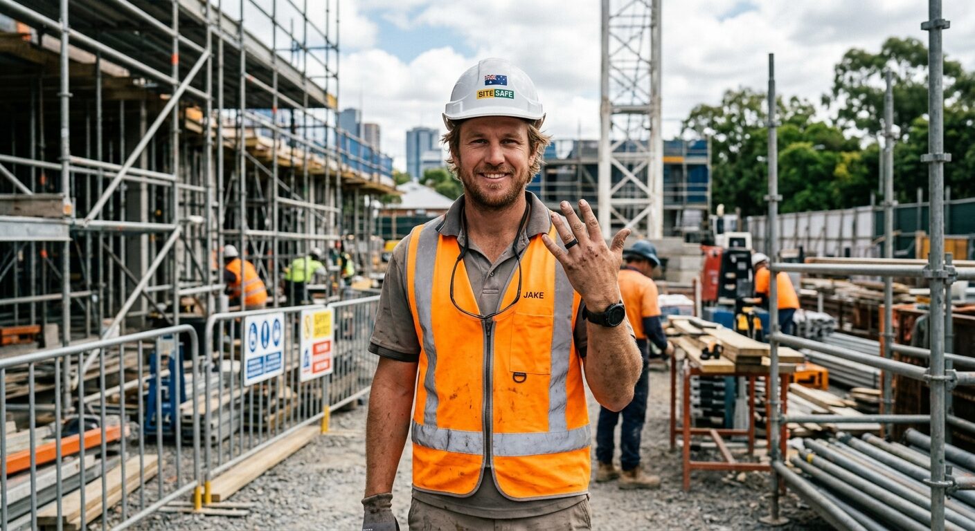 Australian tradie on construction site wearing a black silicone safety ring
