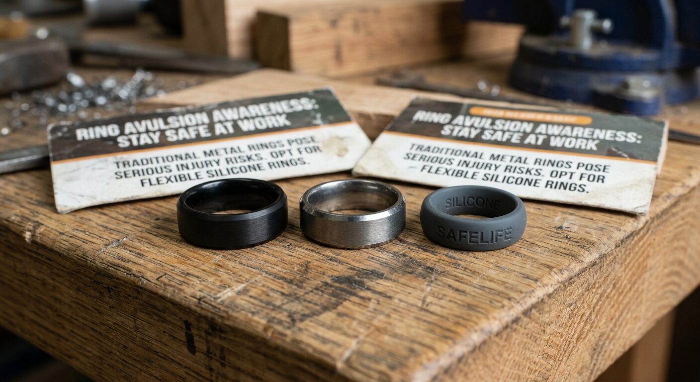 Comparison of tungsten, titanium, and silicone rings for tradies on a workbench