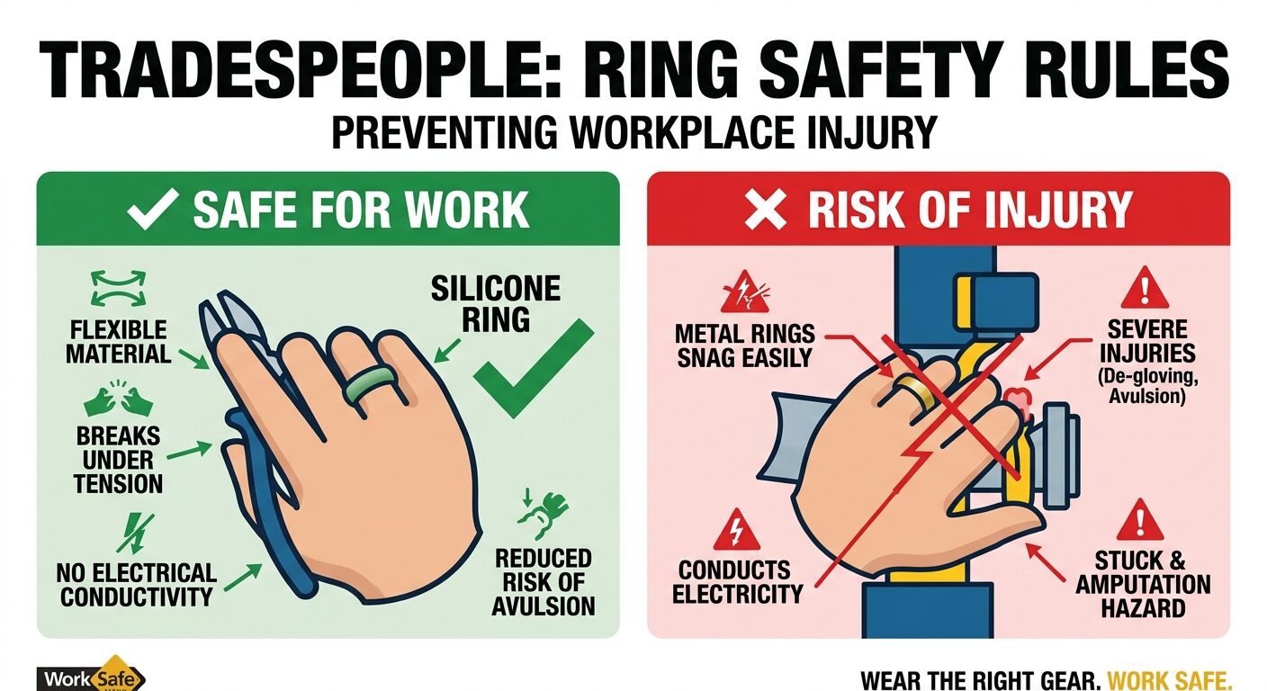 Ring safety infographic showing safe vs unsafe ring choices for tradies