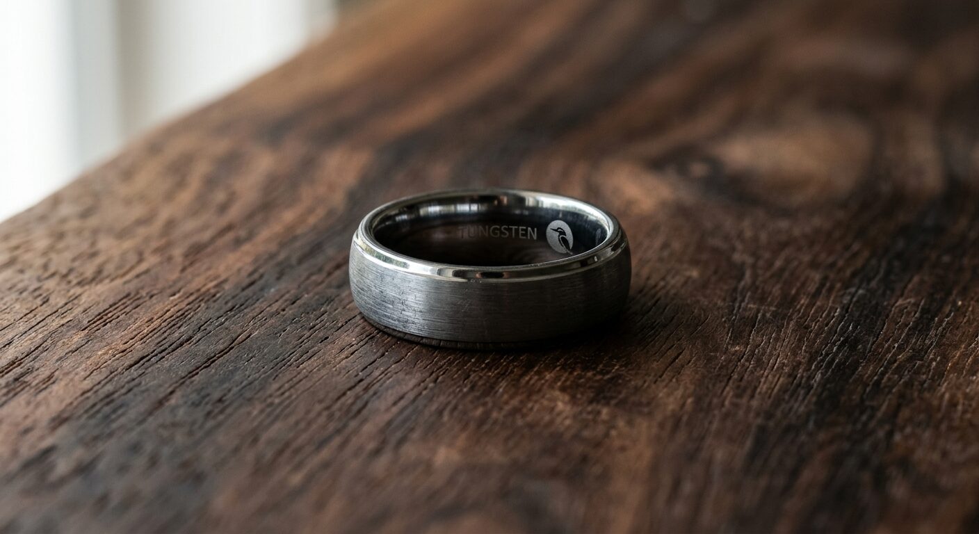 Alternative metal wedding rings on dark wooden surface