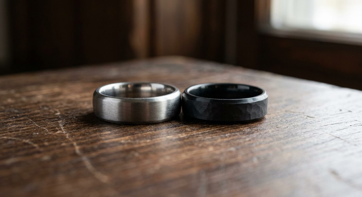 Titanium and black wedding bands product photography