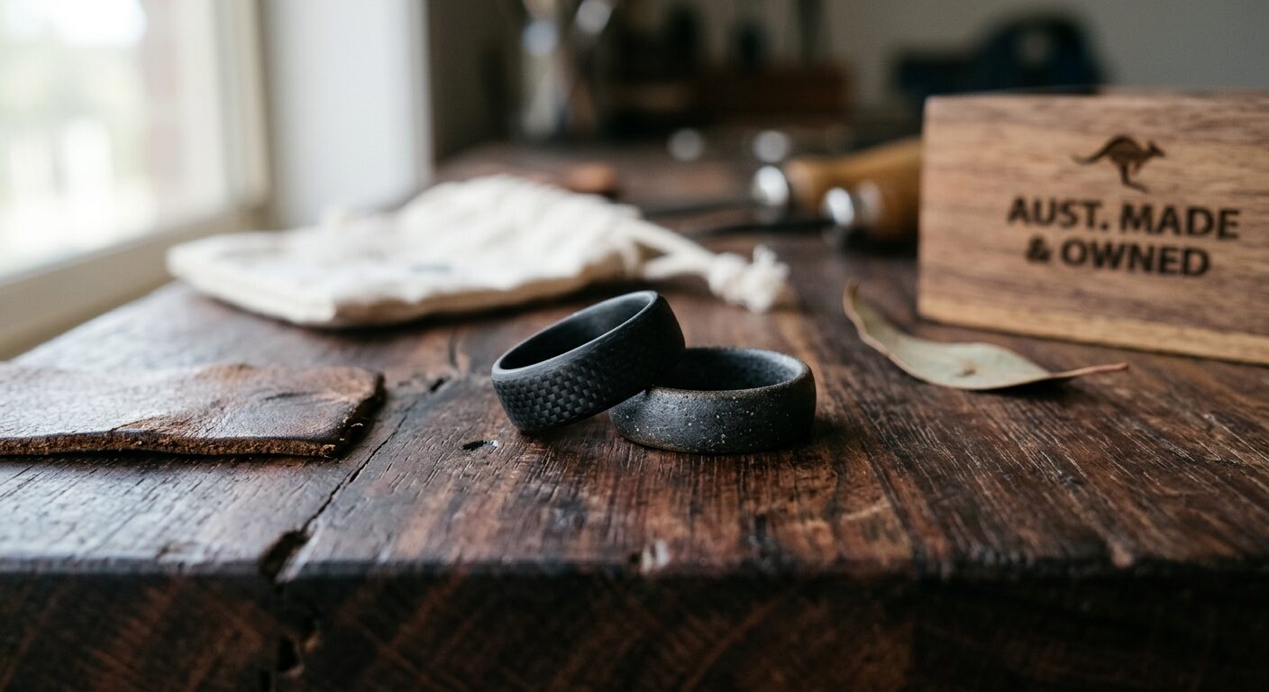 Ceramic and carbon fibre wedding rings product photography