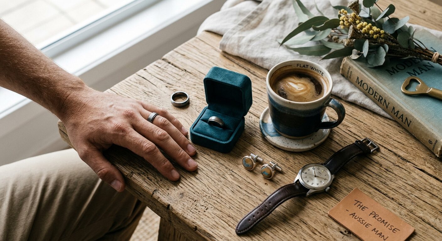 Lifestyle flat lay for pre-wedding men's rings