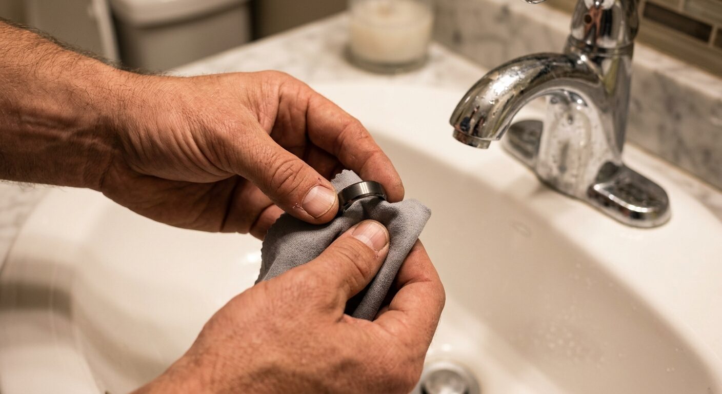 Man cleaning a tungsten wedding ring with a soft cloth