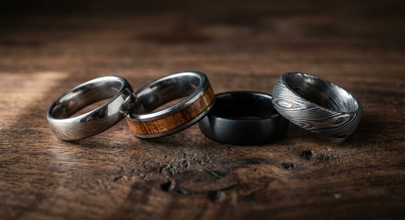 Men's wedding rings in different materials — titanium, wood inlay, black ceramic, and Damascus steel