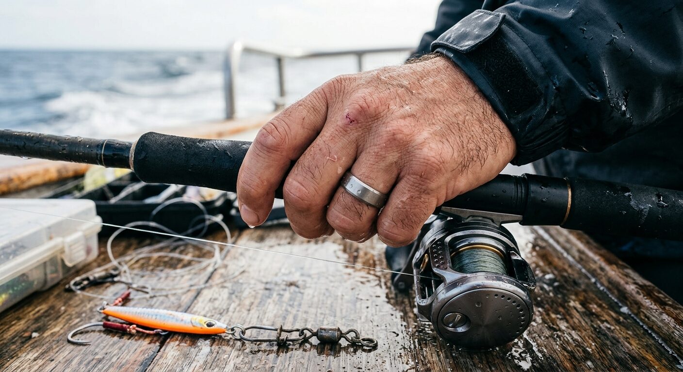 Close-up of a durable fishing ring on a boat deck
