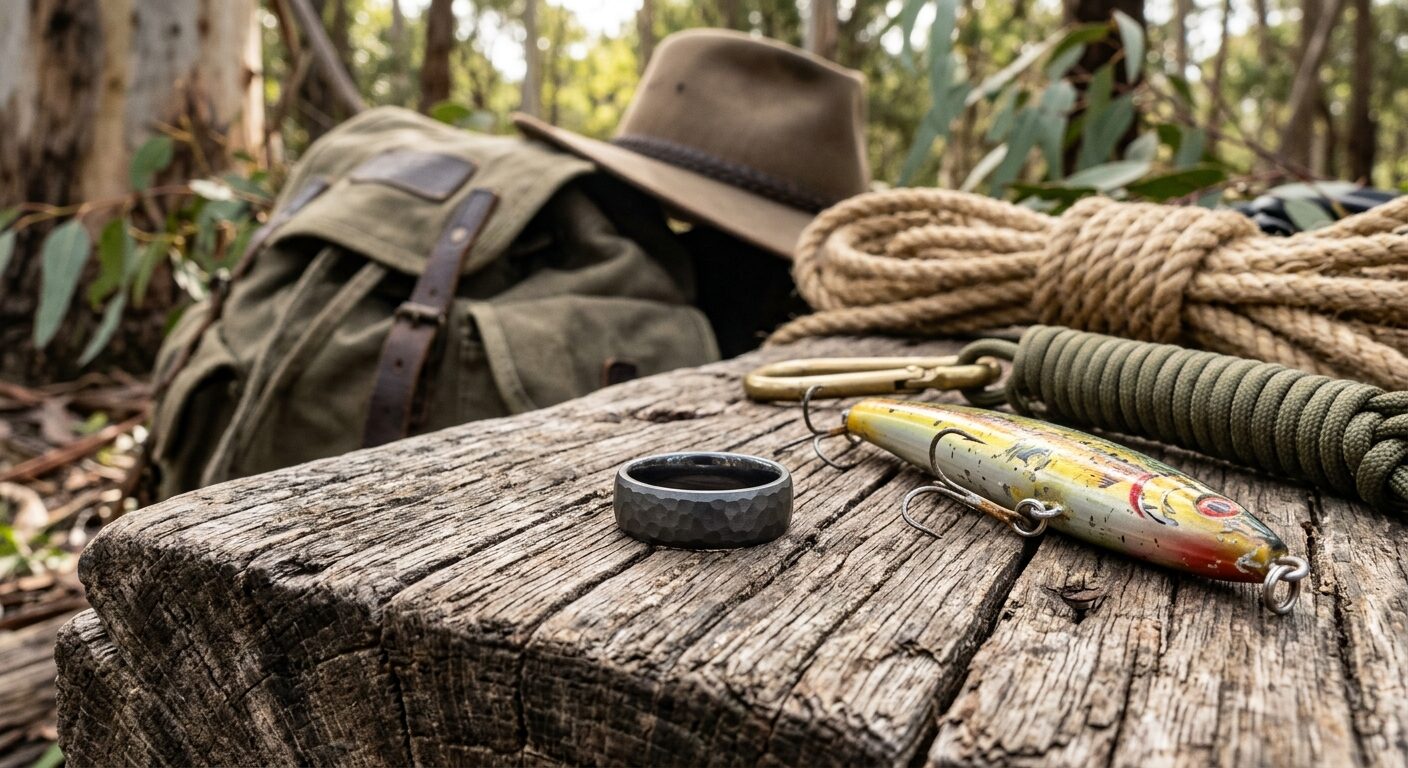 Dark outdoor ring beside fishing gear