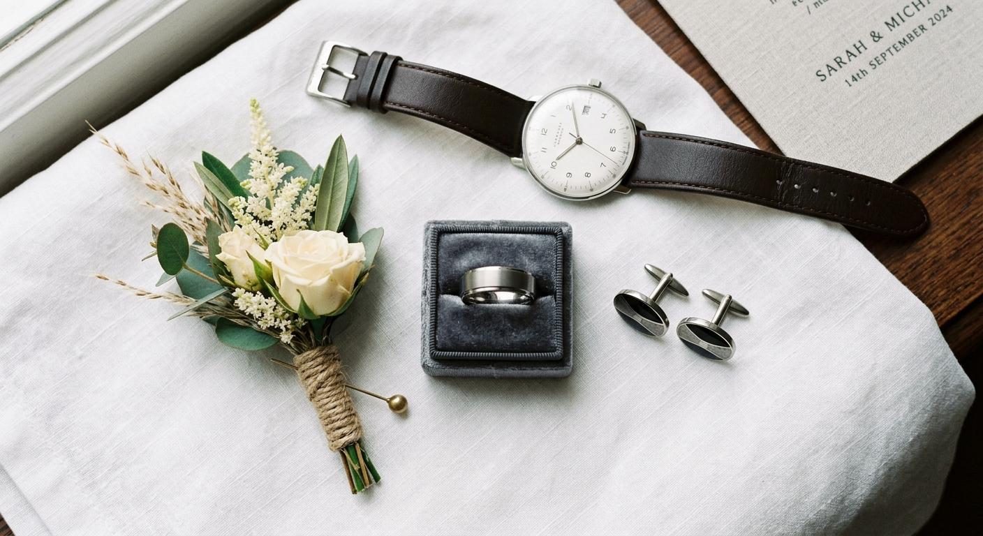 Groom's wedding accessories flat lay with titanium ring, cufflinks, and watch