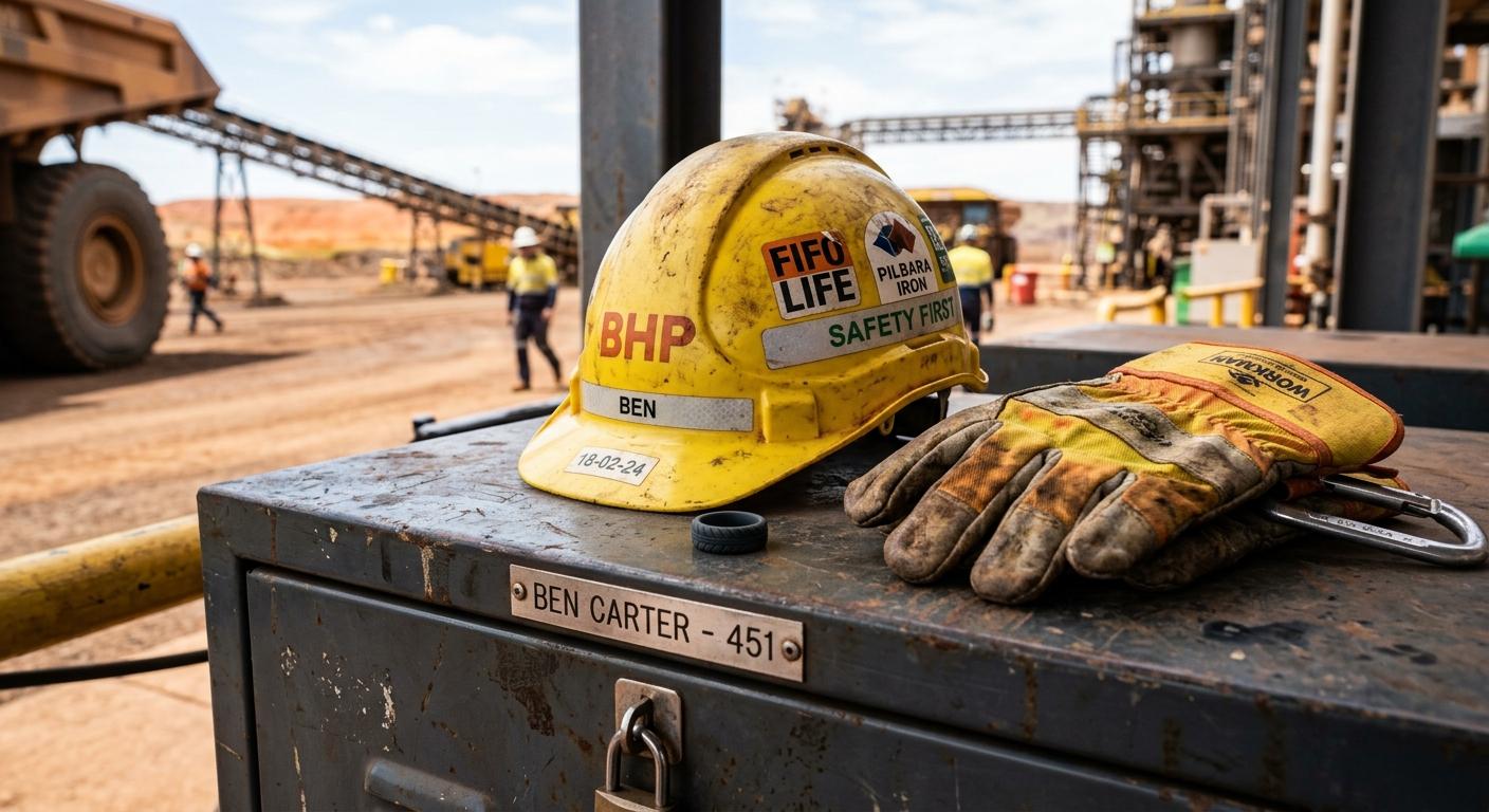Silicone wedding ring next to hard hat and safety gloves on a worksite locker