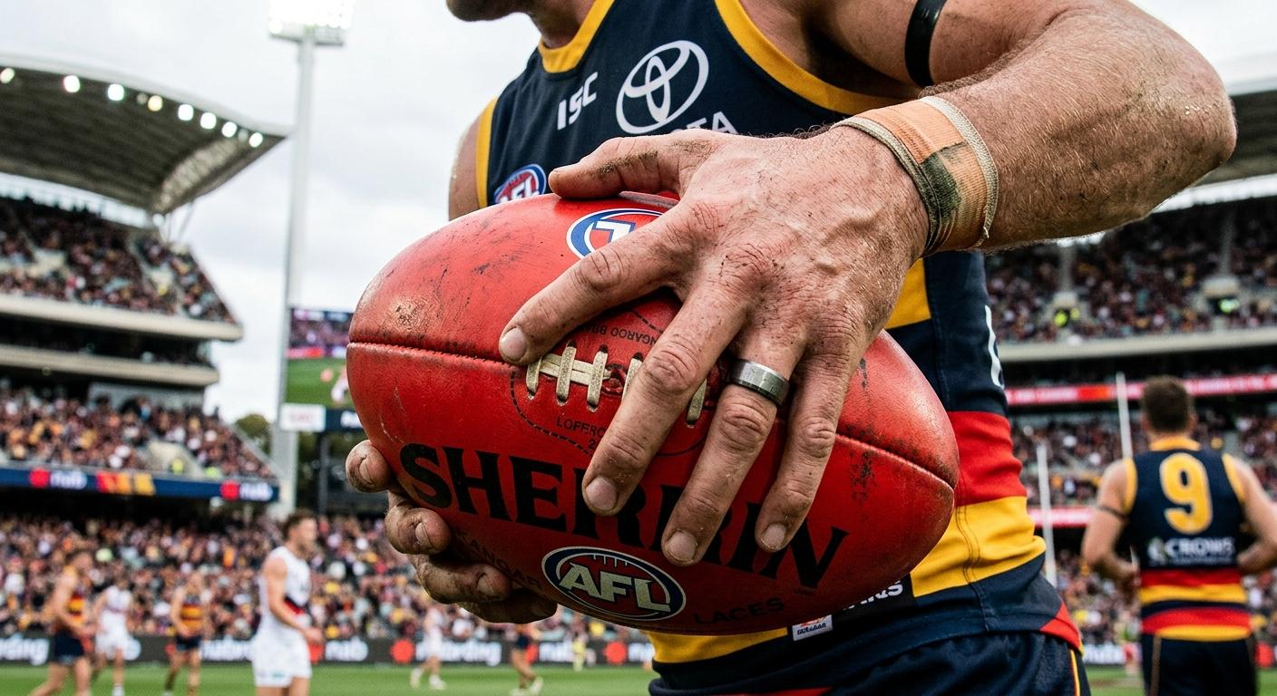 Australian football player's hands gripping a footy with titanium wedding ring visible