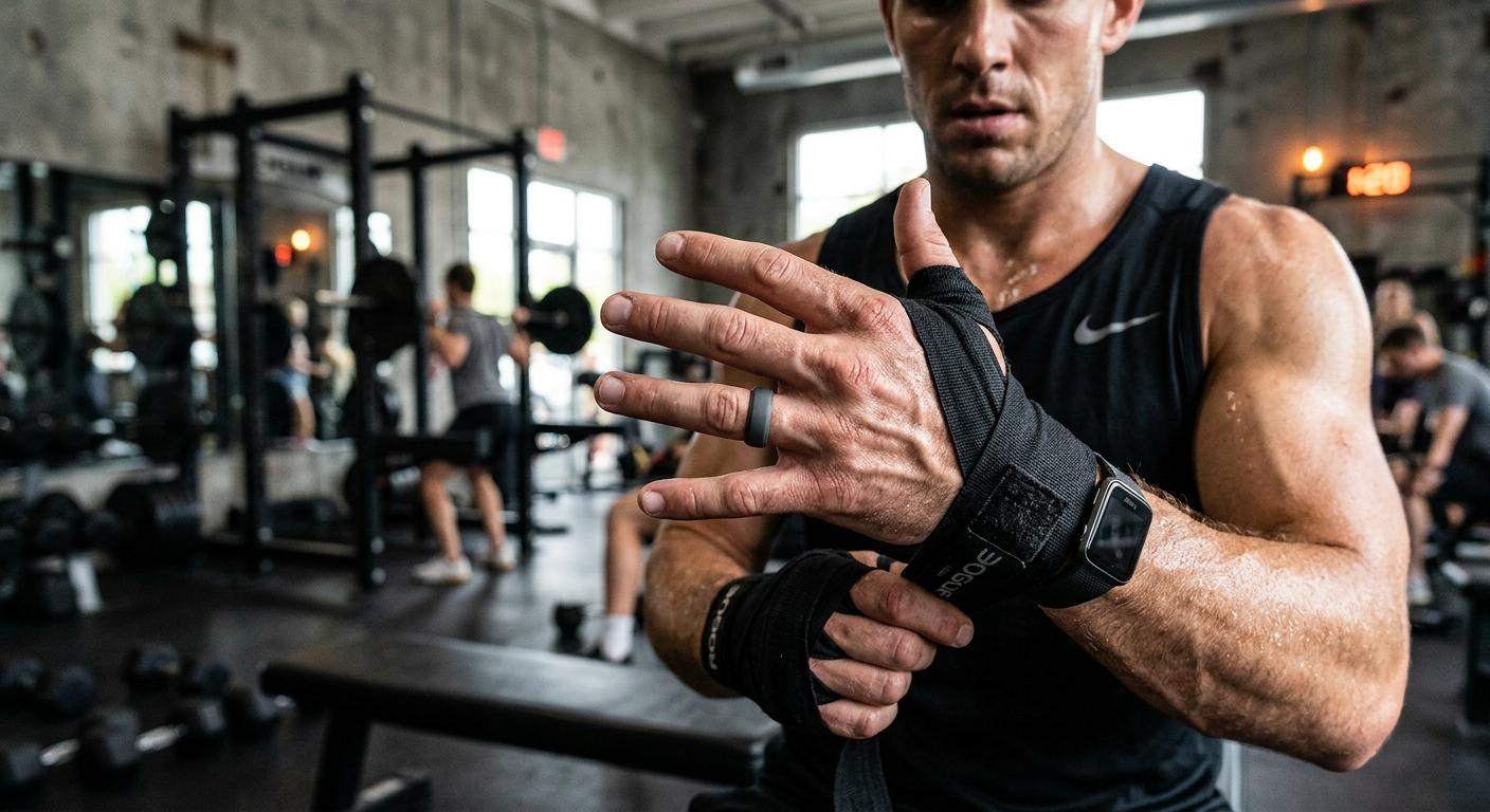 Male athlete wearing a silicone ring during training, gym setting