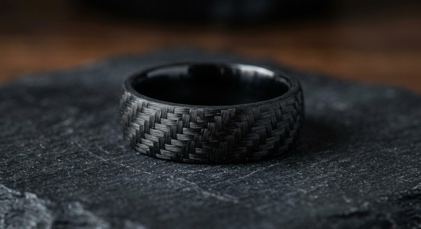 Carbon fibre wedding ring macro close-up showing distinctive woven texture pattern