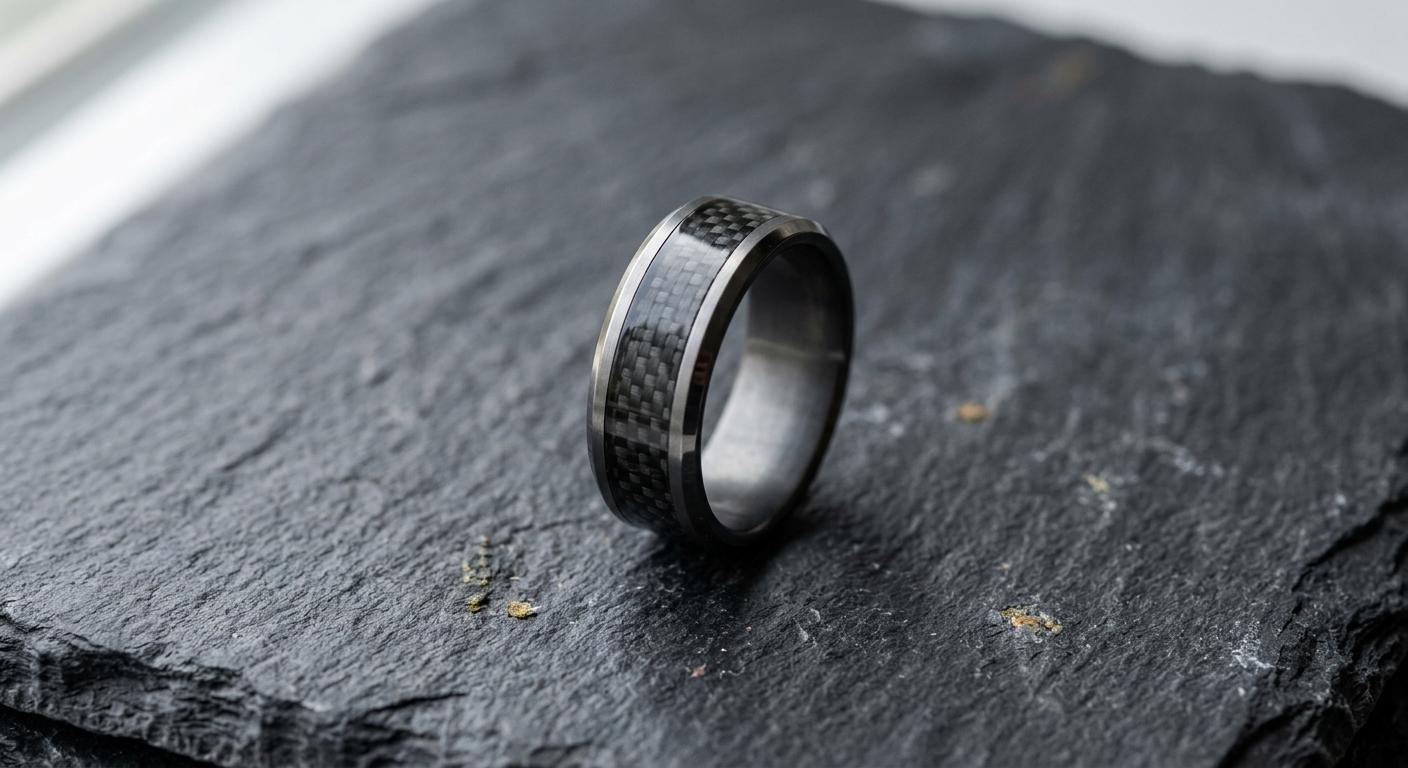 Carbon fibre inlay ring on dark stone surface showing geometric woven pattern