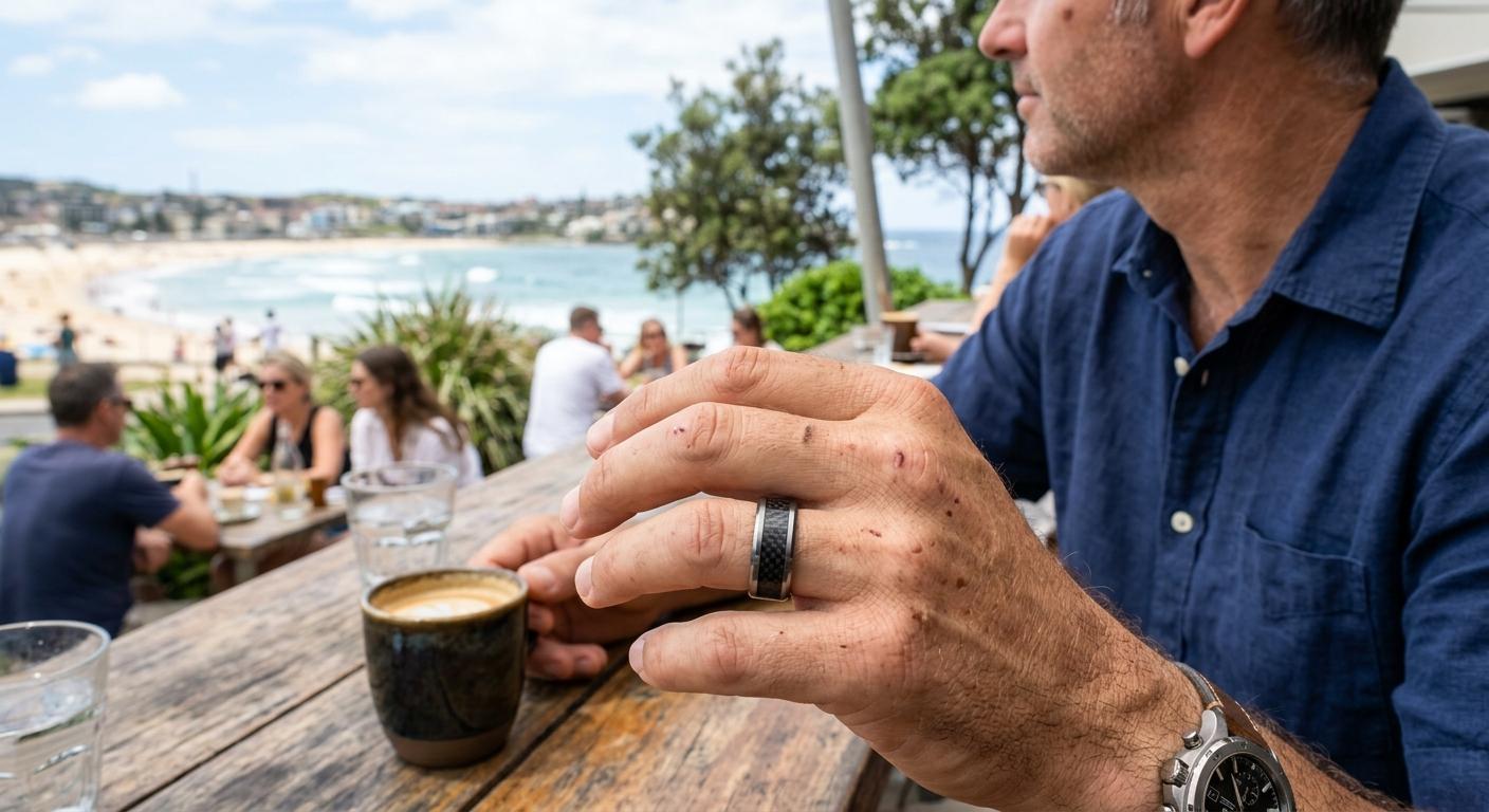 Man wearing a carbon fibre tungsten wedding ring in Australian outdoor setting