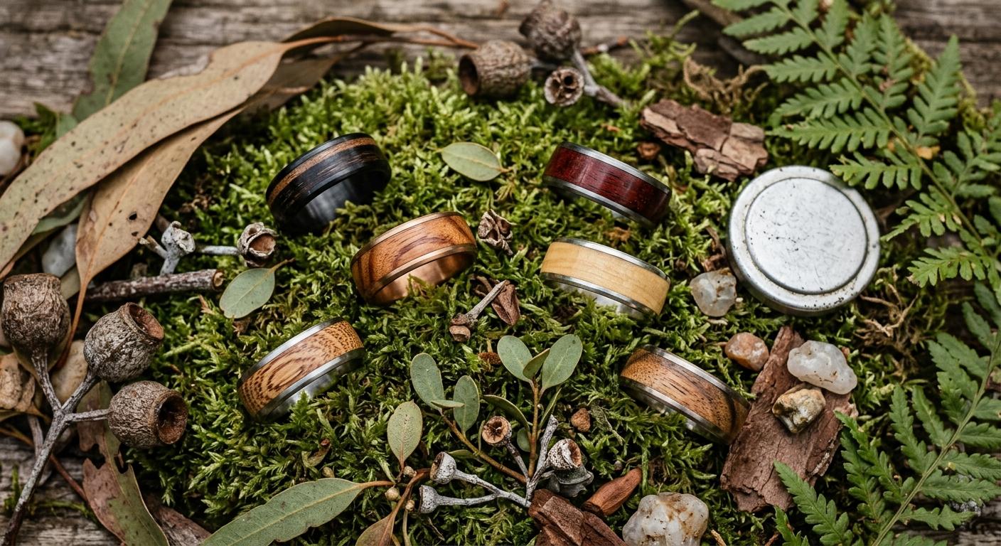 Multiple wood inlay wedding rings on natural materials showing different timber species