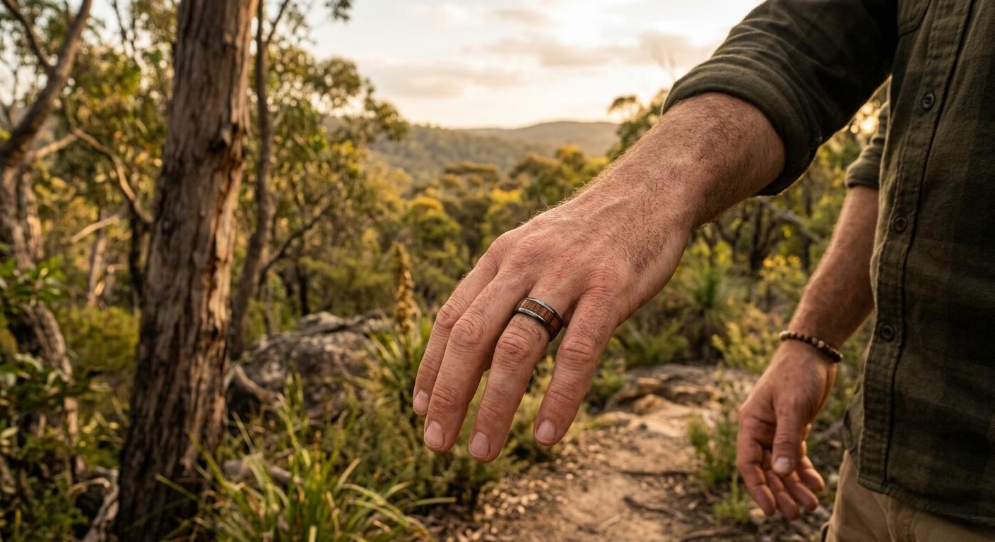 Man wearing wood inlay titanium ring in Australian bush outdoor setting