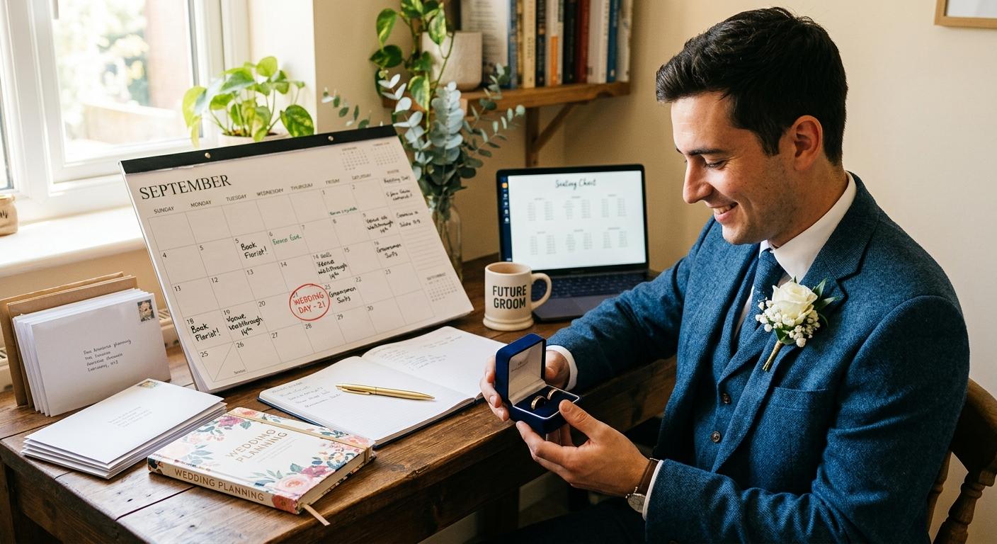Groom holding wedding ring box with calendar and planning notes, wedding preparation