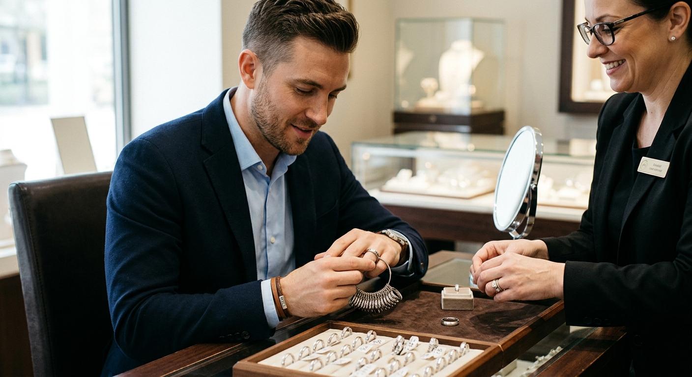 Man trying on a wedding ring at a jewellery store, ring sizing fitting
