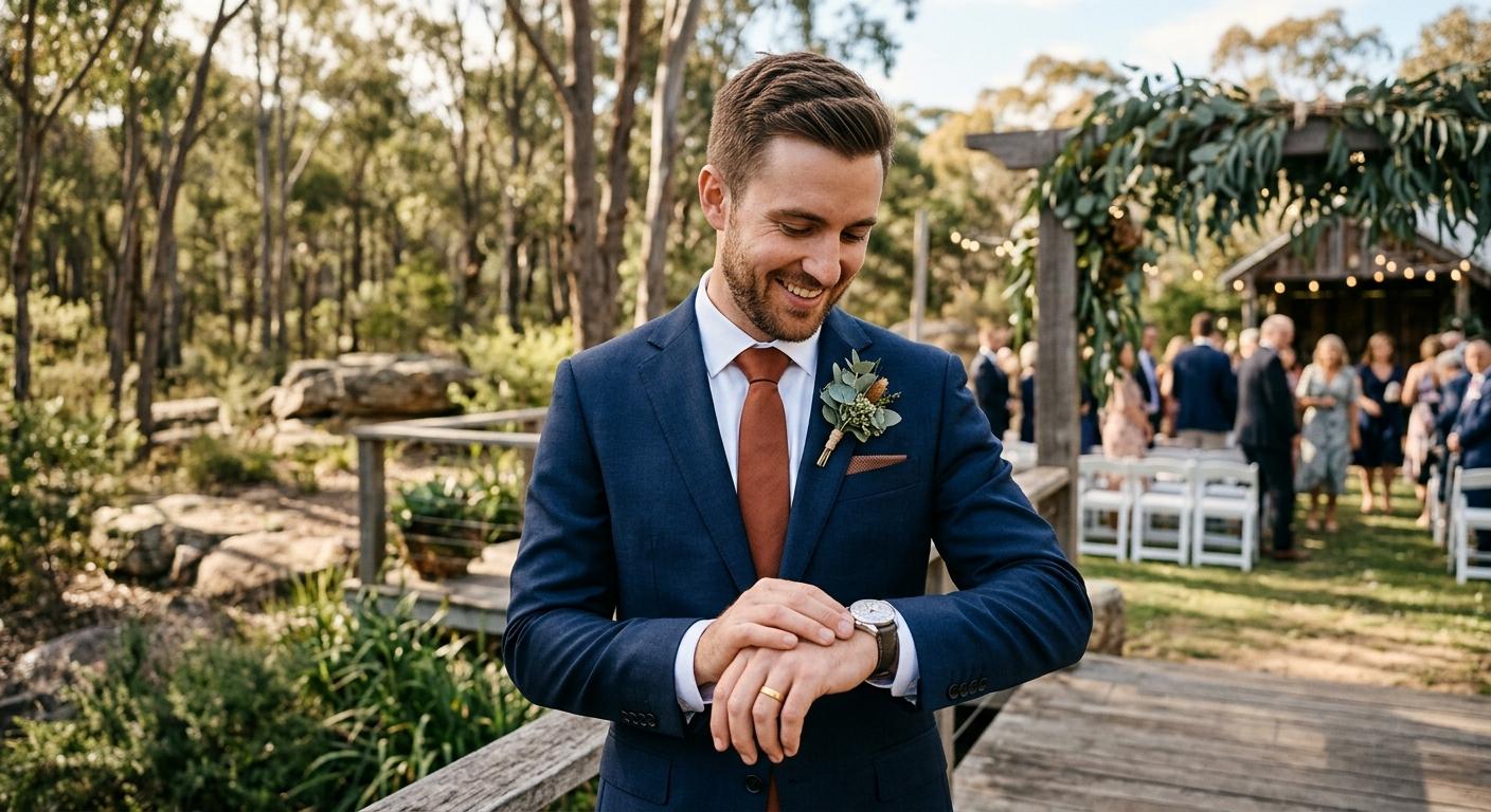 Groom in suit on wedding day looking at his wedding ring with a relaxed smile