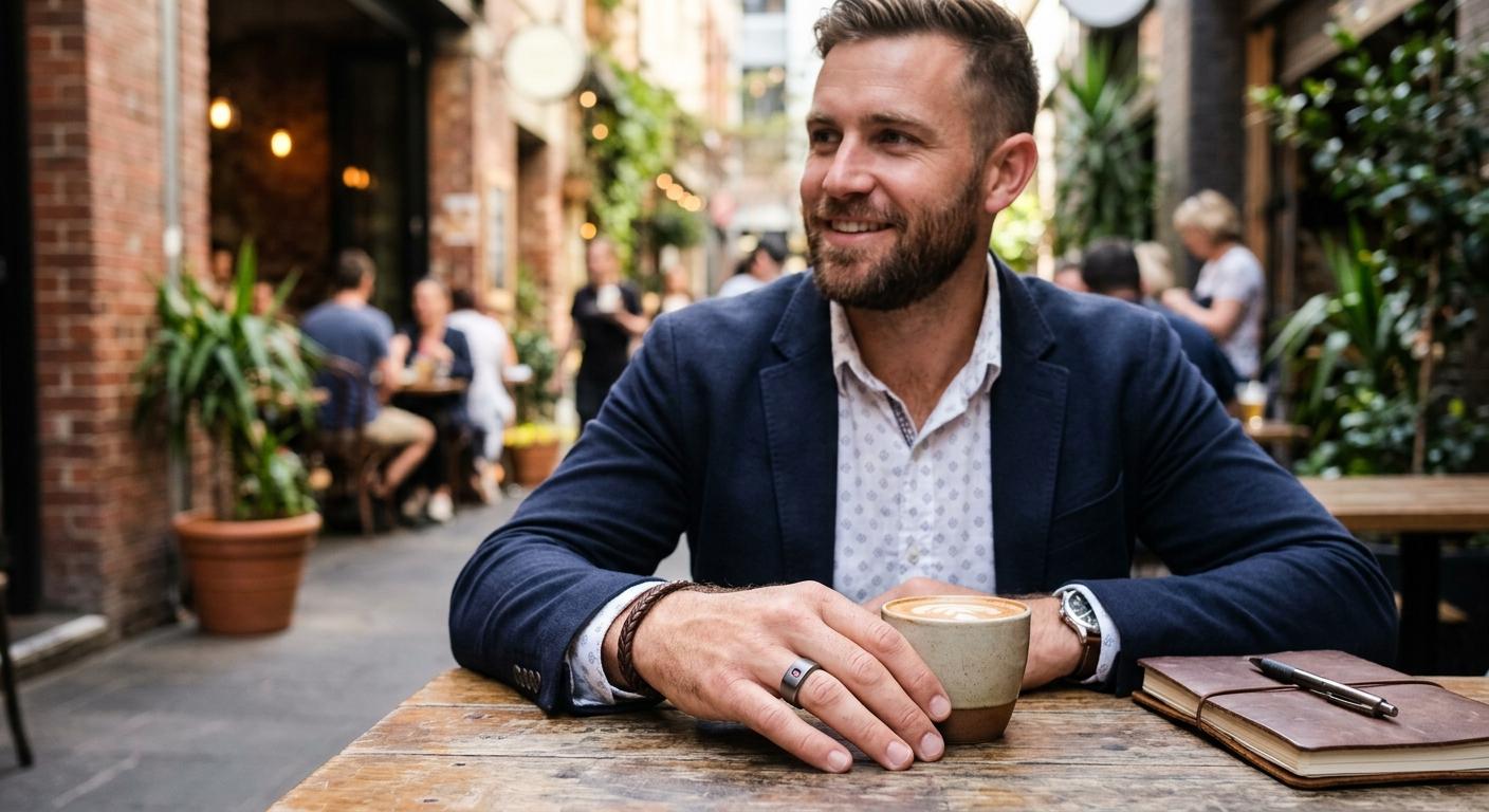 Australian man wearing a stylish tungsten pinky ring on his little finger