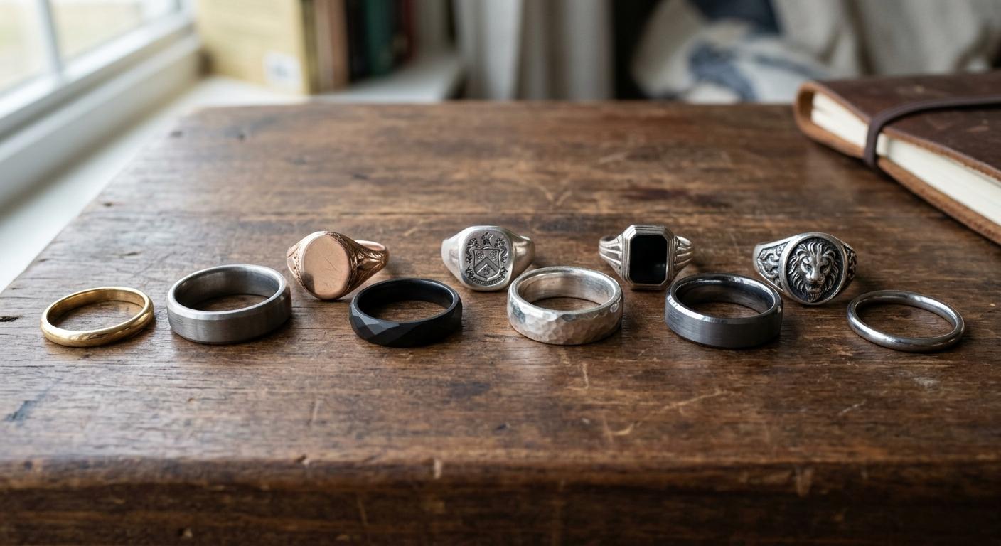 Collection of men's pinky rings in signet and band styles on flat surface
