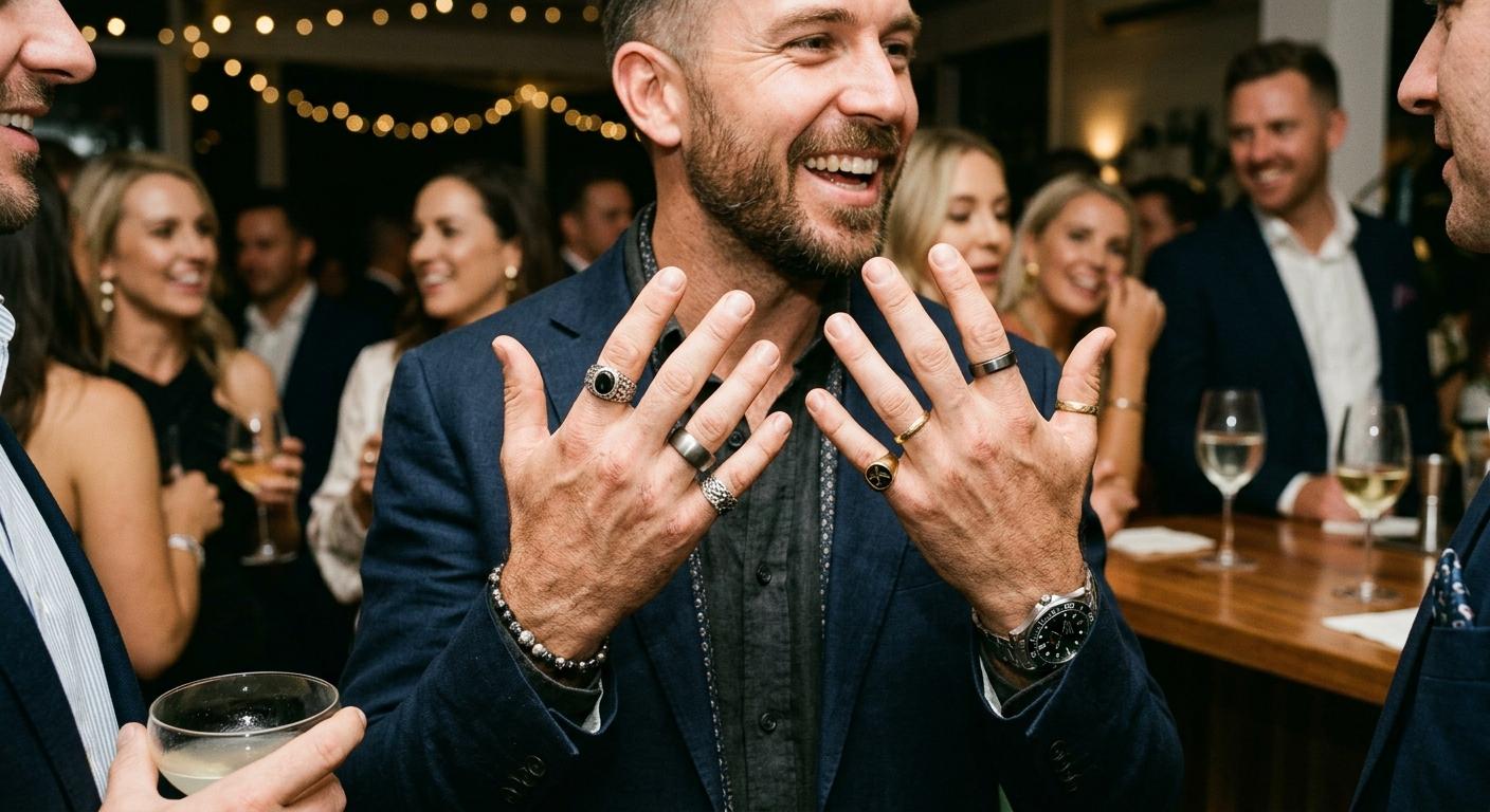 Well-dressed Australian man showing rings including a pinky ring at a social event