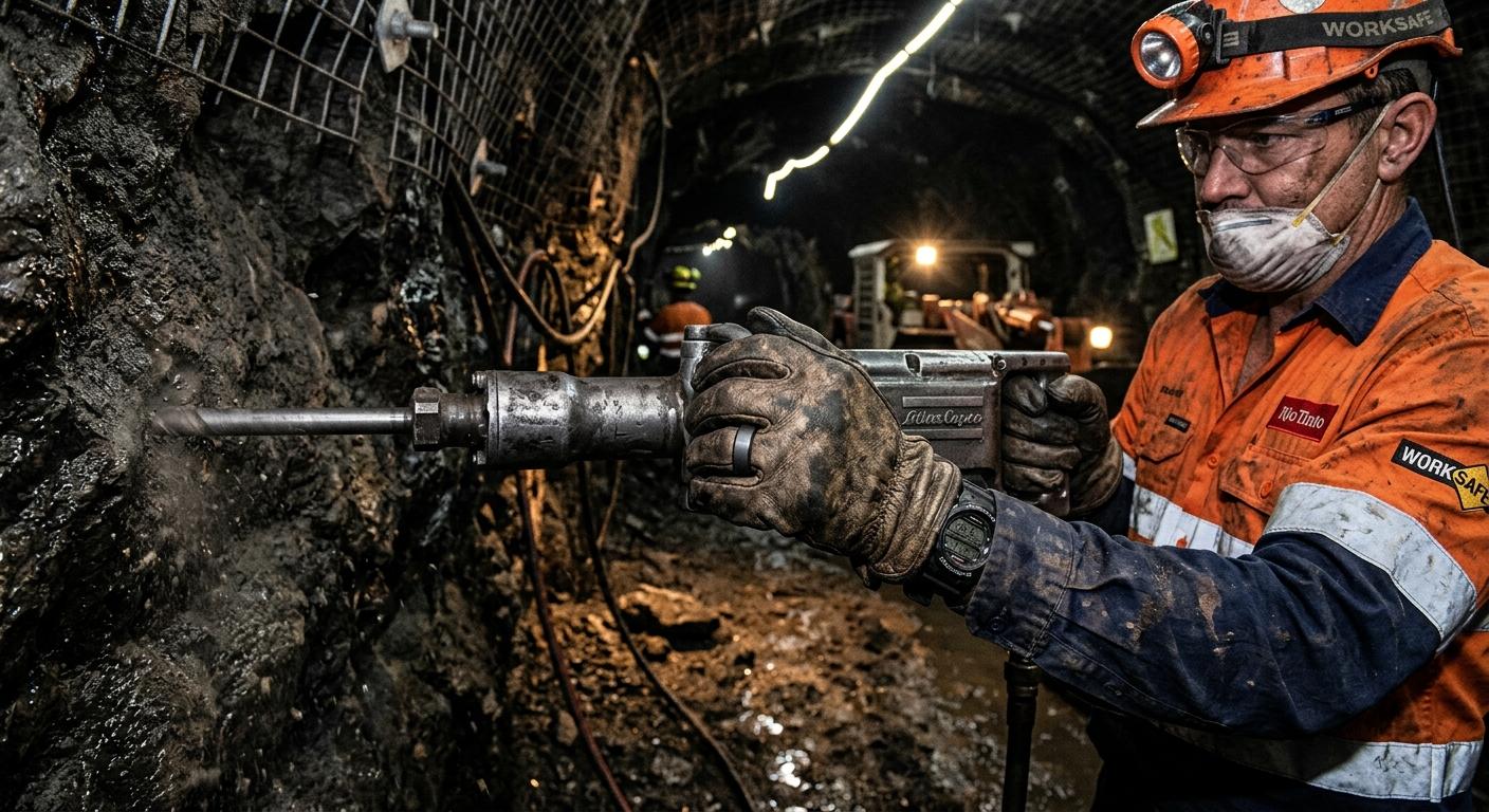 Australian mining worker's hand with tungsten wedding ring visible at underground mine site