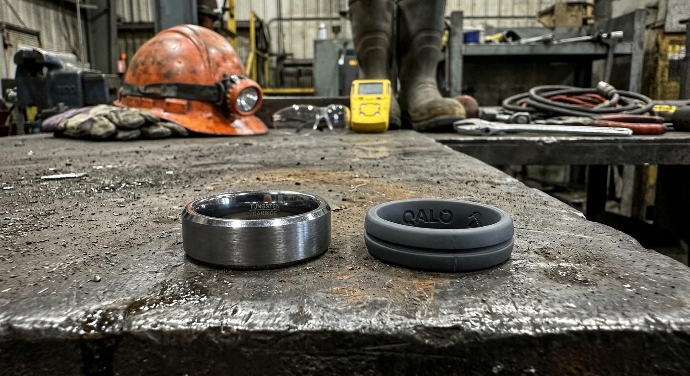 Tungsten ring versus silicone ring comparison on industrial surface with mining equipment nearby
