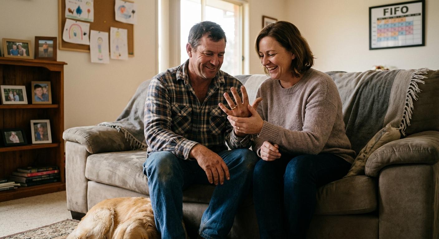 Australian mining worker off-duty at home with wedding ring, family setting