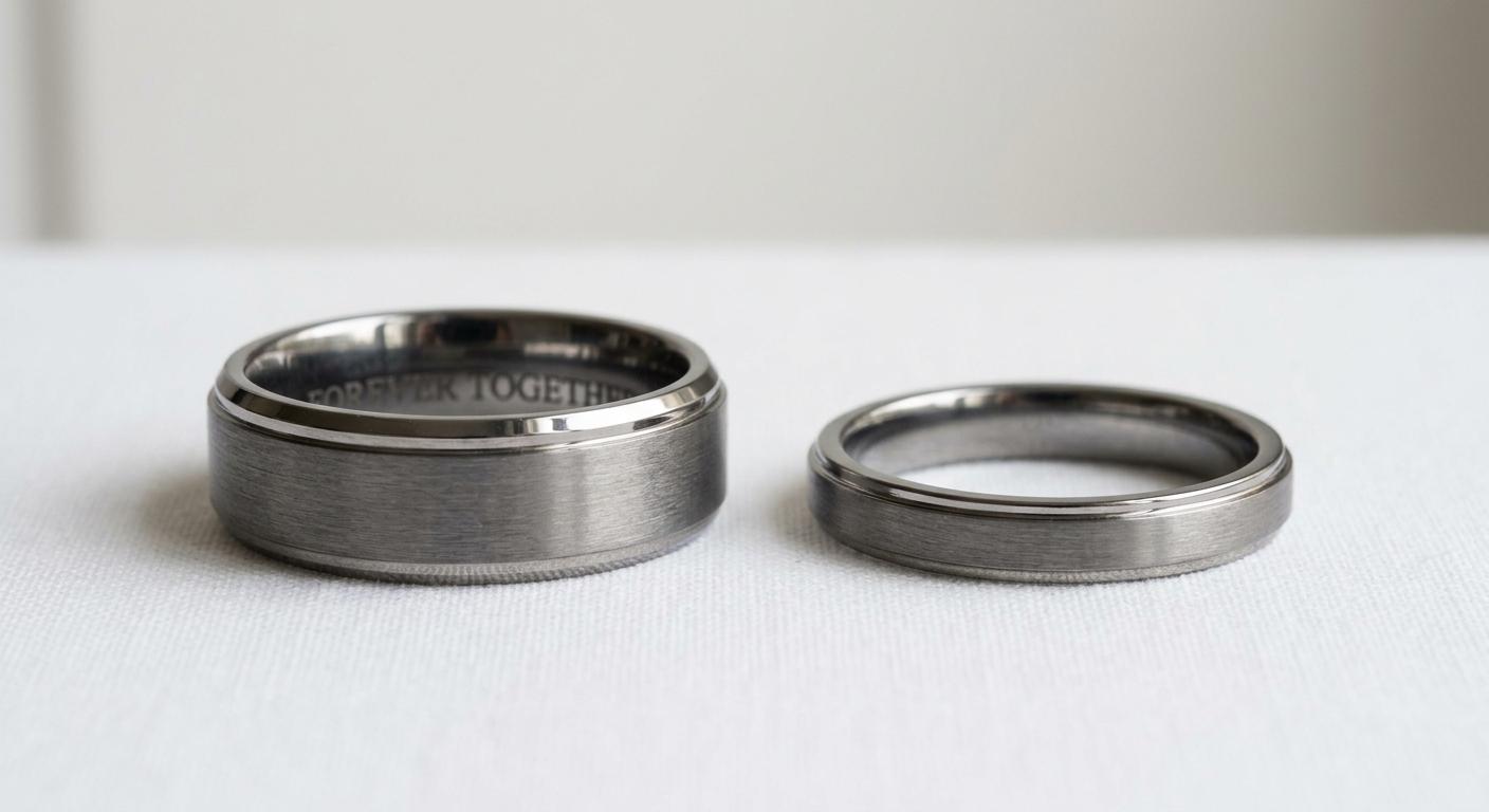 Wide 10mm and narrow 4mm men's wedding bands side by side comparison on white surface