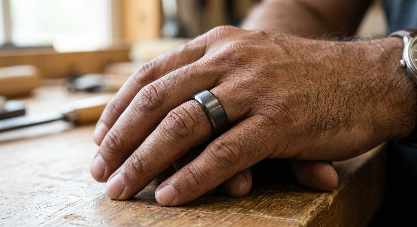 Man with large hands wearing a proportional wide 8mm tungsten wedding band
