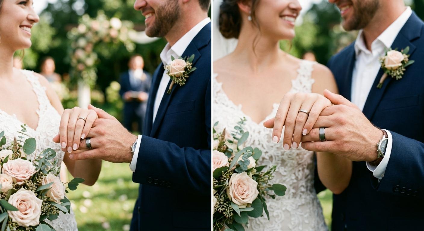 Couple on wedding day showing narrow and wide wedding band width difference on their hands