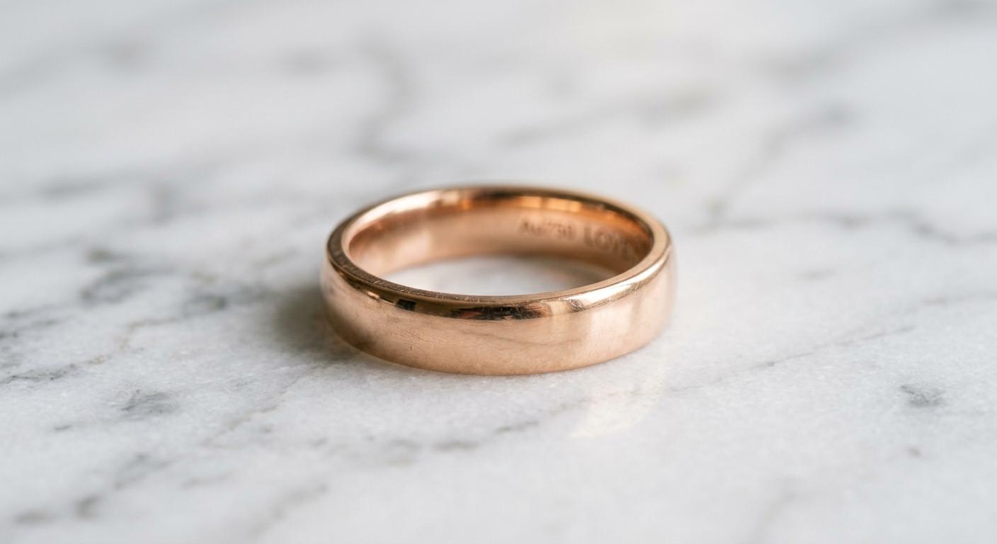 Men's rose gold wedding ring on white marble surface with warm pink-gold colour
