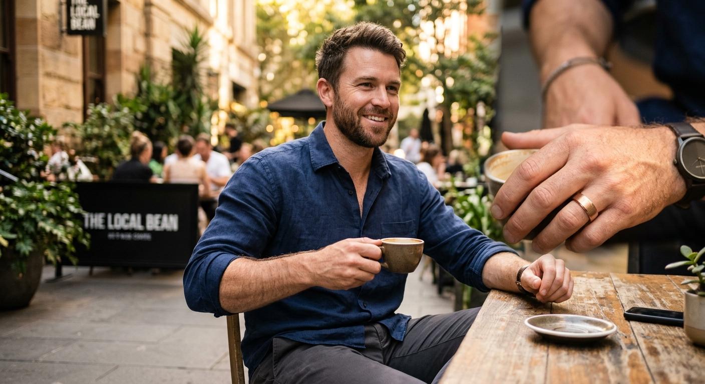 Australian man wearing a rose gold titanium ring in casual lifestyle setting