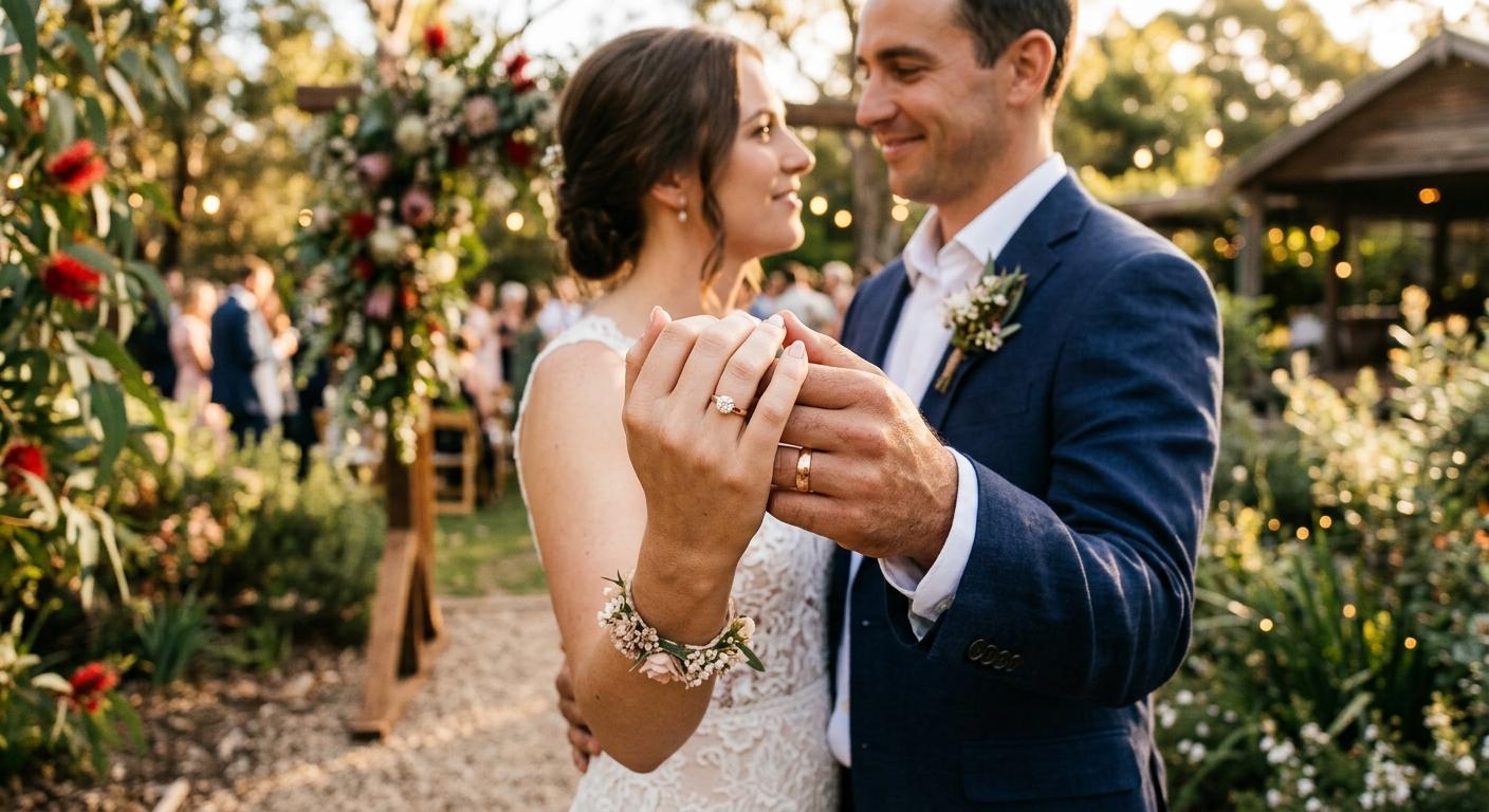 Couple holding hands with matching rose gold wedding bands in Australian garden setting
