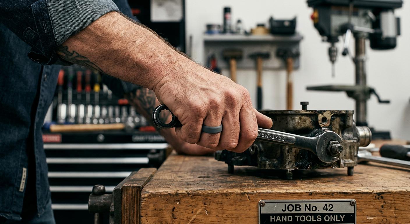 Silicone ring safety for tradies — close-up of a man wearing a silicone ring while working